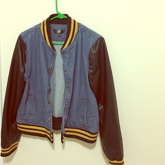 Jackets & Blazers - Denim and faux leather sleeve jacket.