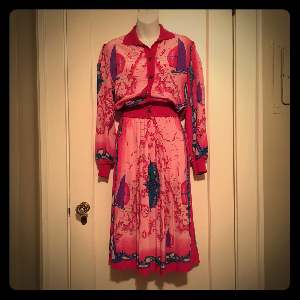 Vintage Hot Pink Map Jacket Skirt Outfit Set