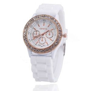 Quartz White Silicone Watch With Gems