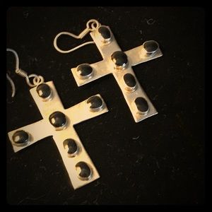 Taxco 925 Silver Cross Earrings Onyx Stone