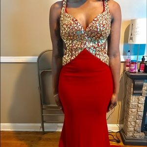 Red and gold prom dress.