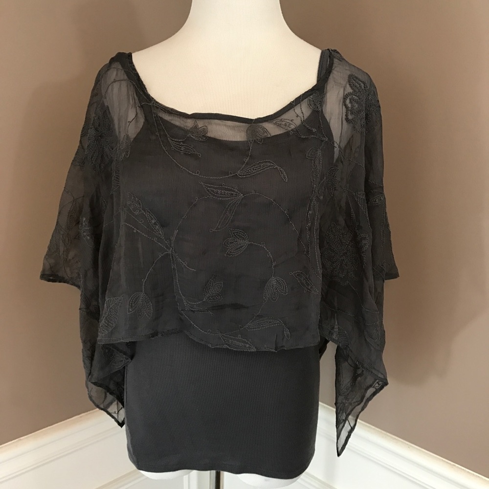 Anthropologie Bordeaux S gray top w/ silk overlay.