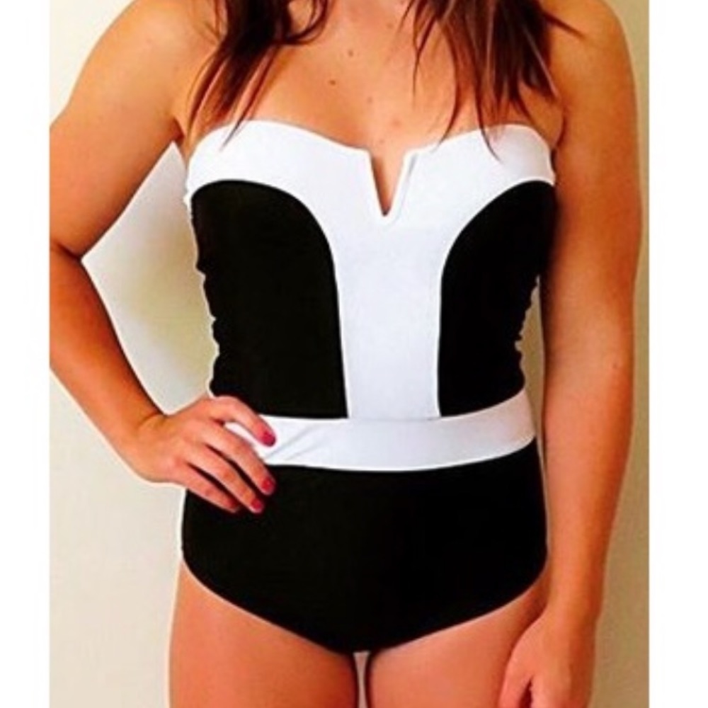 Black swimsuit with white trim