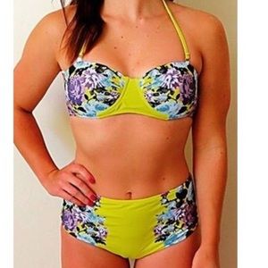 Two piece yellow and floral bathing suit.