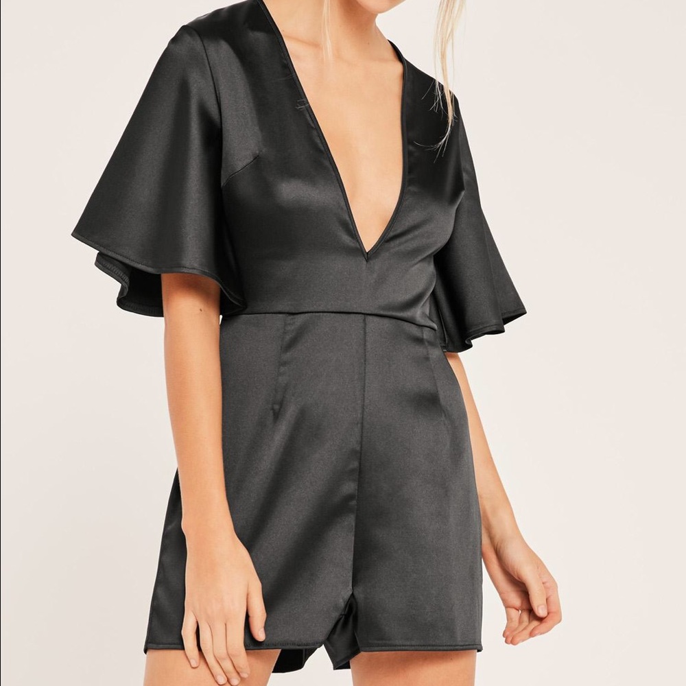 Missguided Black satin Plunge romper s/m