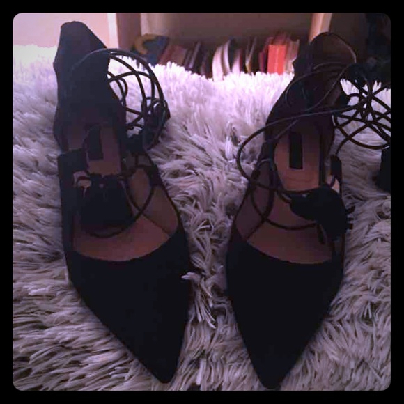 Topshop Black Tie-Up Flats - Picture 1 of 2