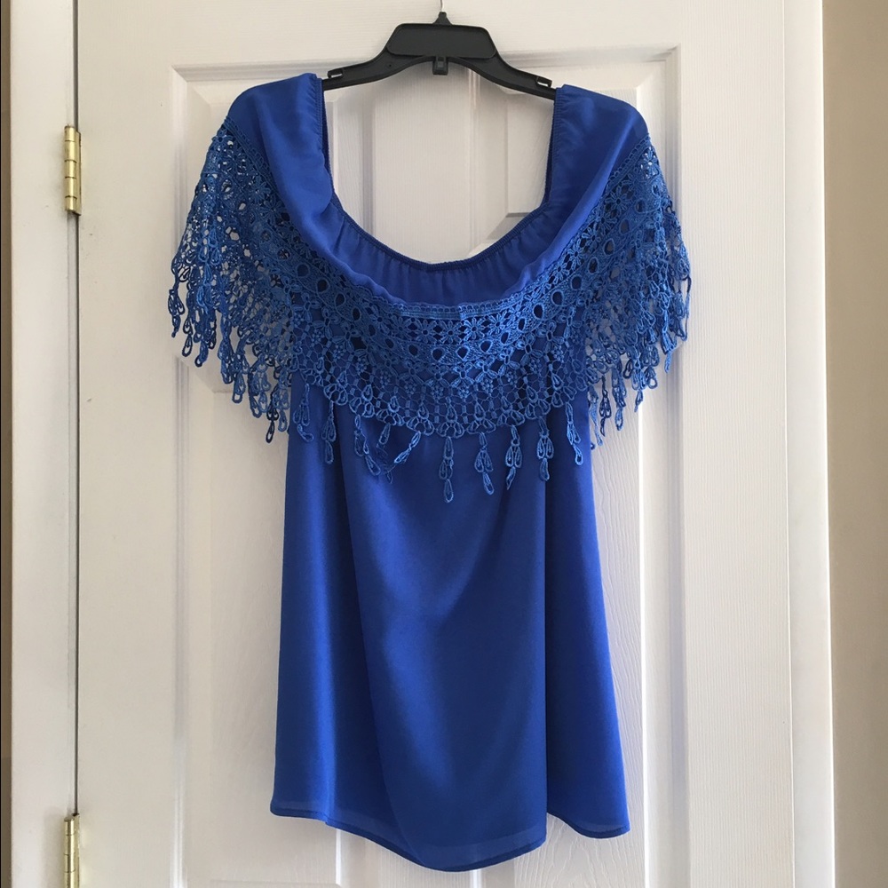 Blue off- shoulder dress with lace fringe