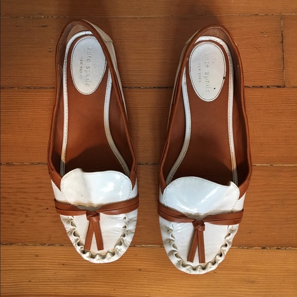 kate spade Shoes - Kate Spade white/brown patent leather loafers