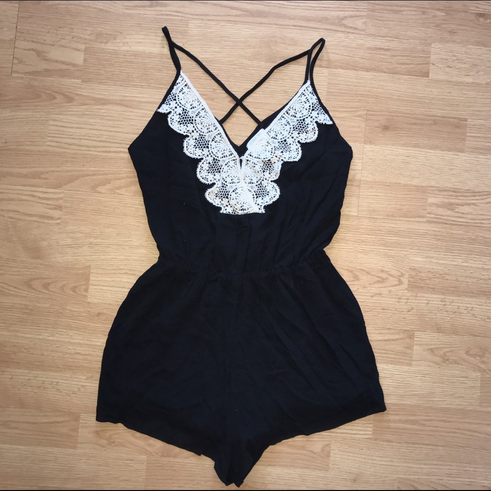 crochet lame trim black romper cross back