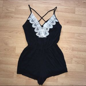 crochet lame trim black romper cross back