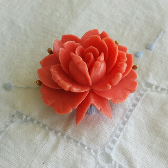 Vintage  Jewelry - Carved Lucite Coral J.J. Signed Pin or Pendant