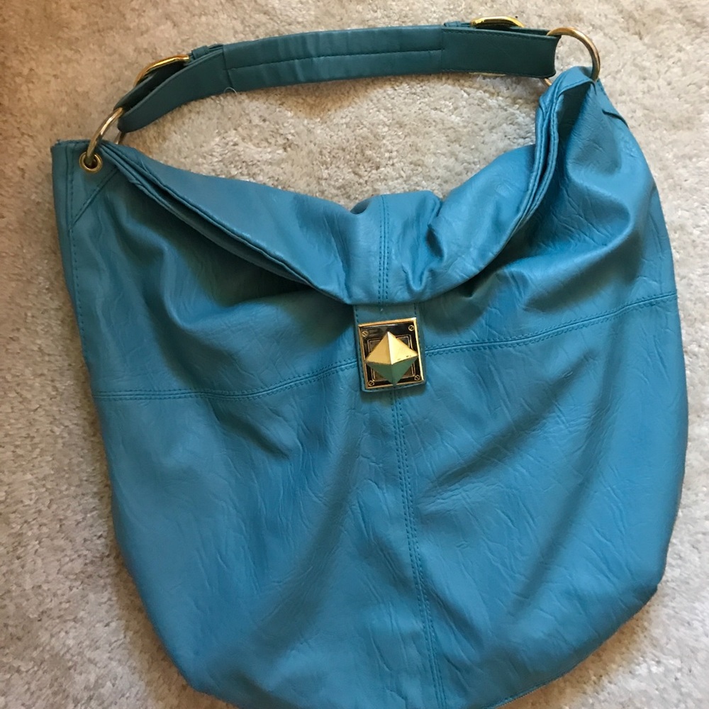 Light Blue Faux Leather Handbag with Gold Accents