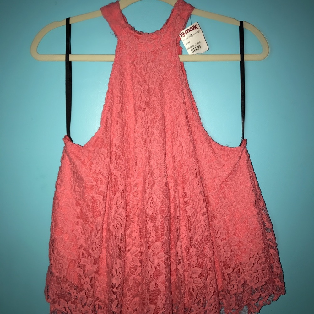 coral floral laced halter top
