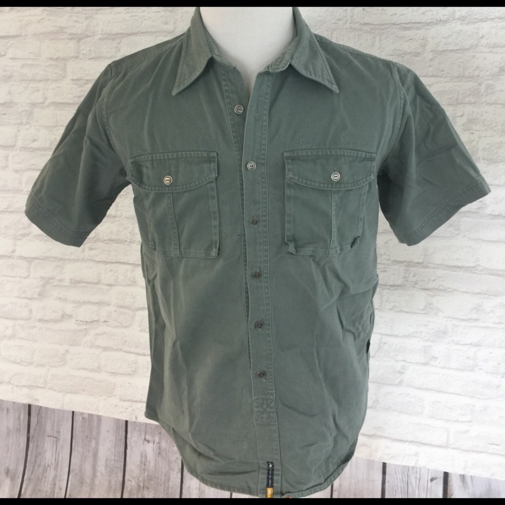 Men Large Green Olive Casual Buttoned-Down Shirt