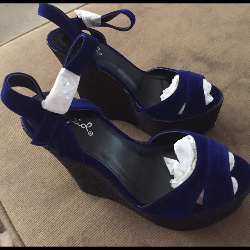 Blue velvet wedge ankle strap sandals