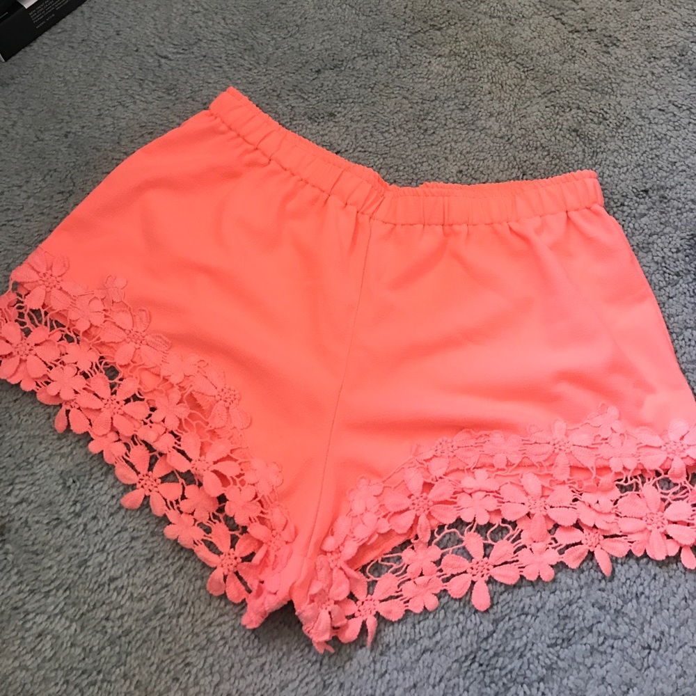 Pink coral shorts with floral lace fringe!