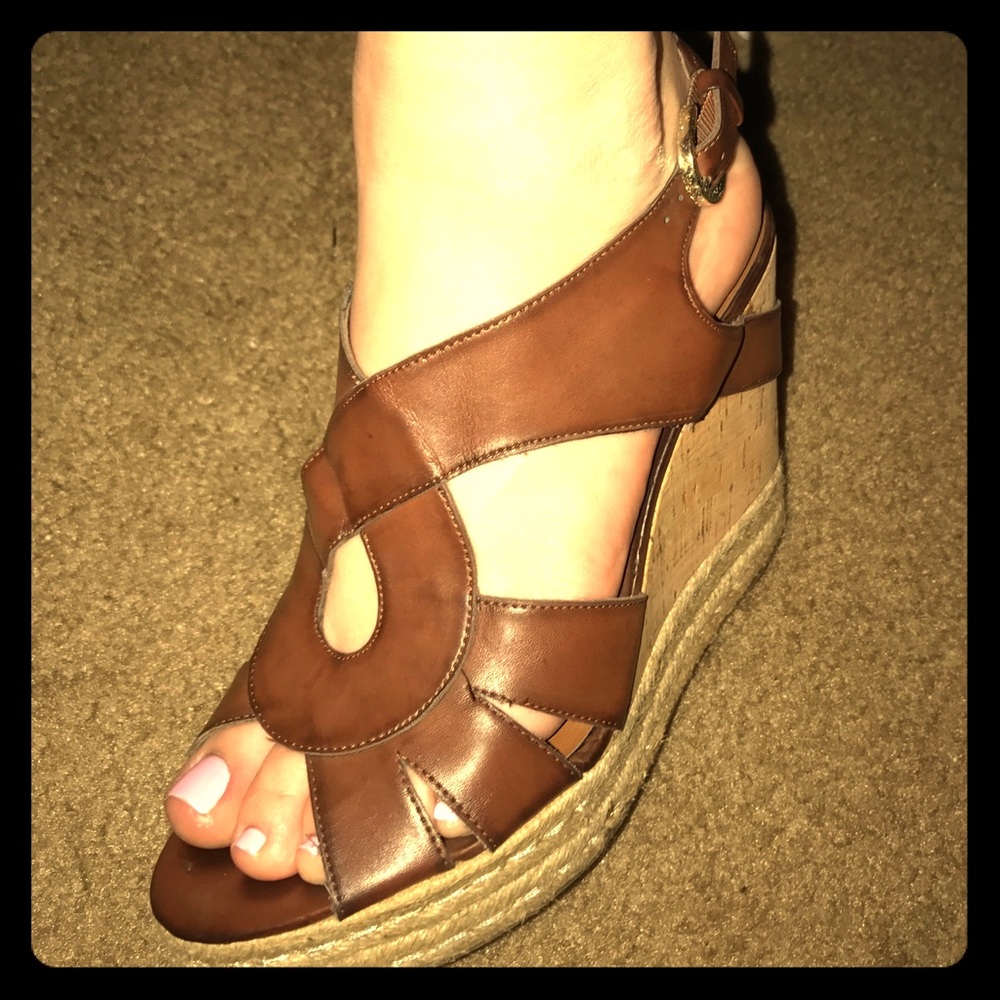 Brown leather cork wedges