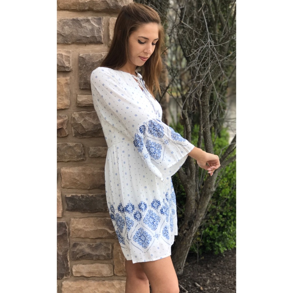 White Boho Lace Up Dress - Picture 2 of 5