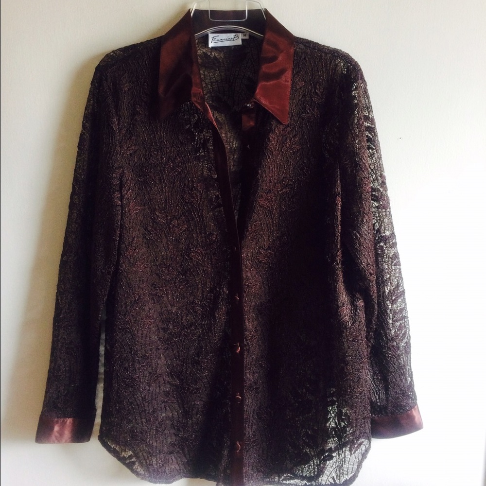 Brown Lace Long Sleeve Blouse Sz M Satin Accents