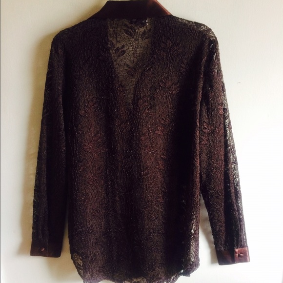 Brown Lace Long Sleeve Blouse Sz M Satin Accents - Picture 2 of 5