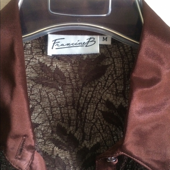 Brown Lace Long Sleeve Blouse Sz M Satin Accents - Picture 3 of 5