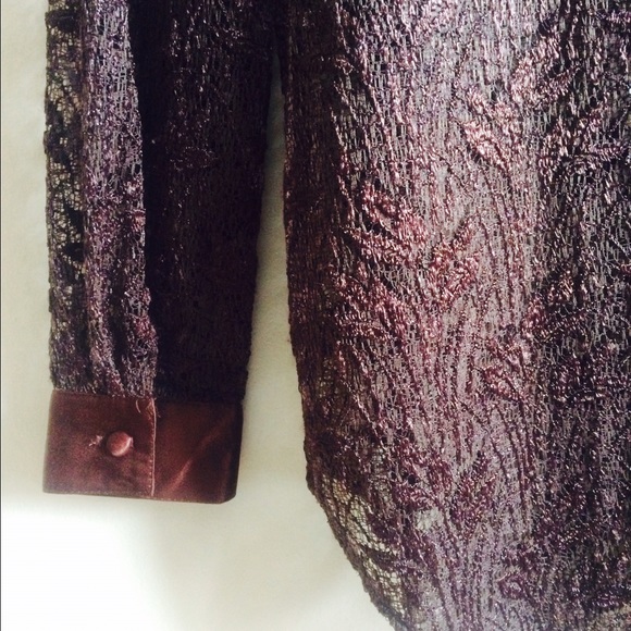 Brown Lace Long Sleeve Blouse Sz M Satin Accents - Picture 5 of 5