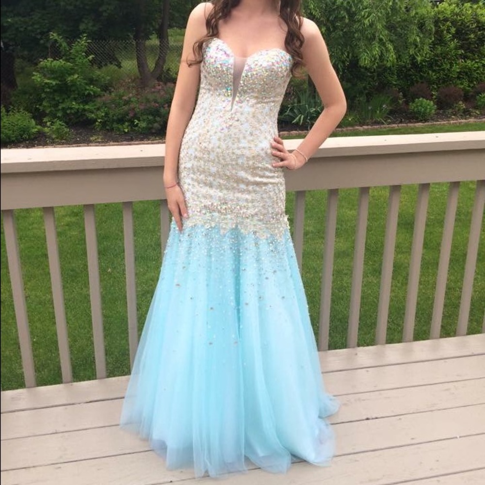 Blue & white gold sequin prom dress size 2