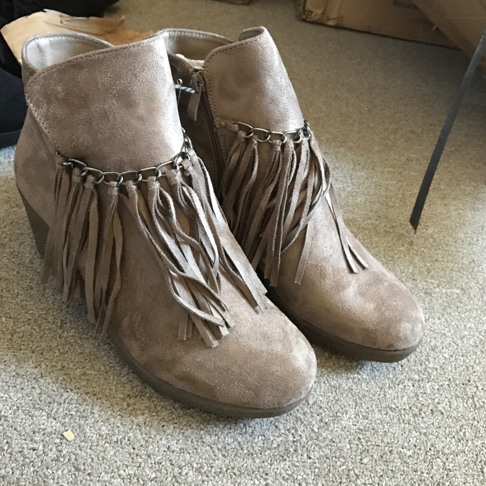 Brown wedge fringe booties