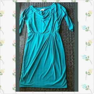 Evan Picone Teal Turquoise Jersey Gathered dress