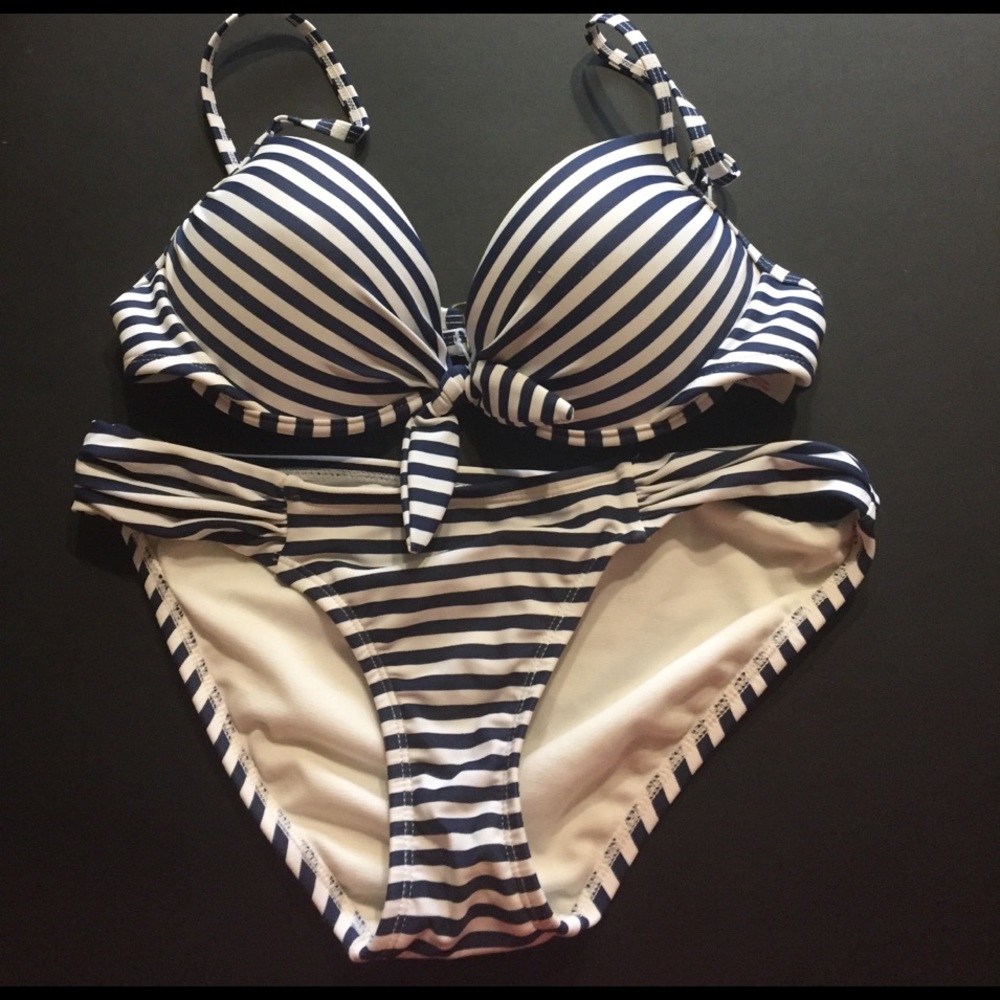 Striped bikini with gold accents