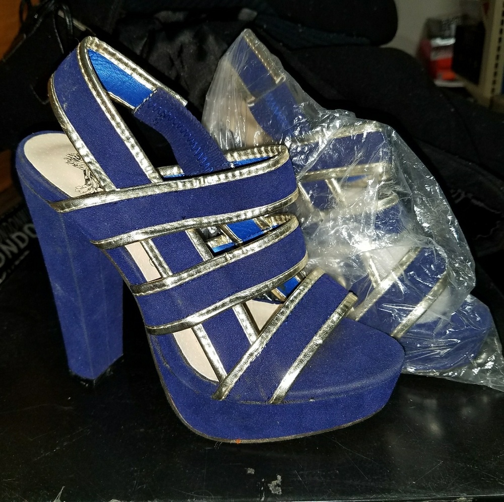 Blue and gold heels