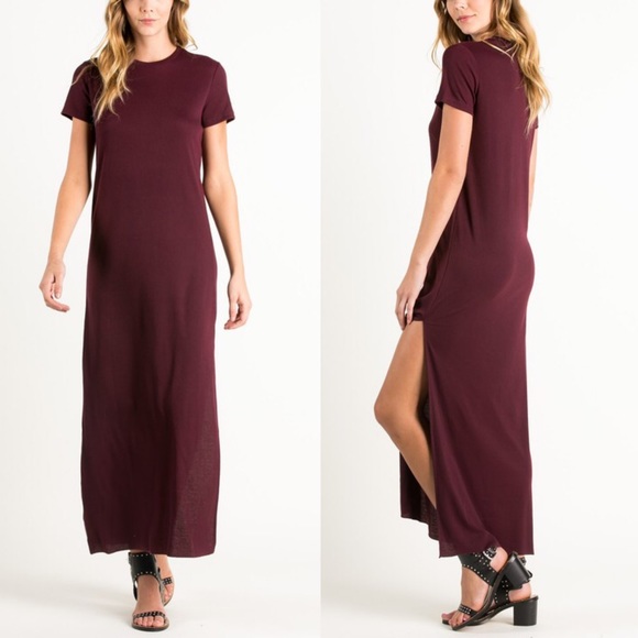 ๐SANDEE short sleeve dress w/ slit - BURGUNDY - Picture 2 of 3