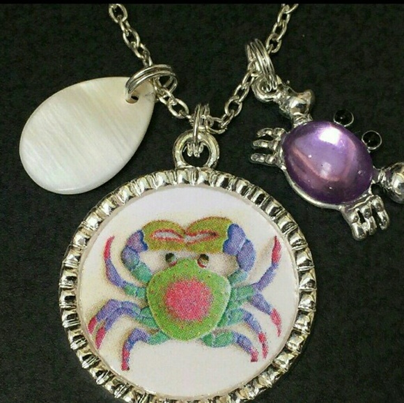 🦀✨️ HANDCRAFTED  CRAB  SHELL TIBETAN SILVER NECKLACE 18" CHAIN CHARMS ✨️ - Picture 1 of 4