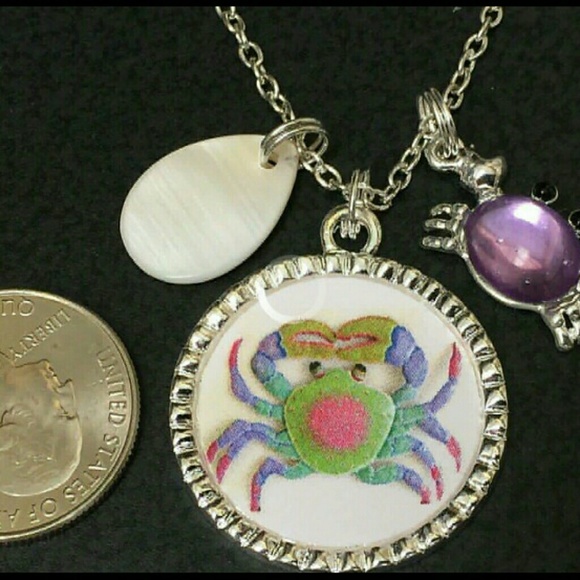 🦀✨️ HANDCRAFTED  CRAB  SHELL TIBETAN SILVER NECKLACE 18" CHAIN CHARMS ✨️ - Picture 3 of 4