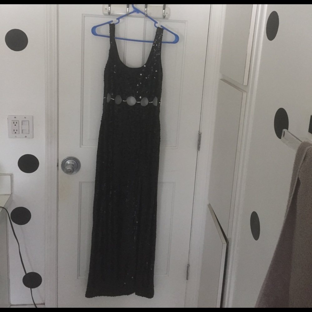 Long black sequin dress with cut out & slit