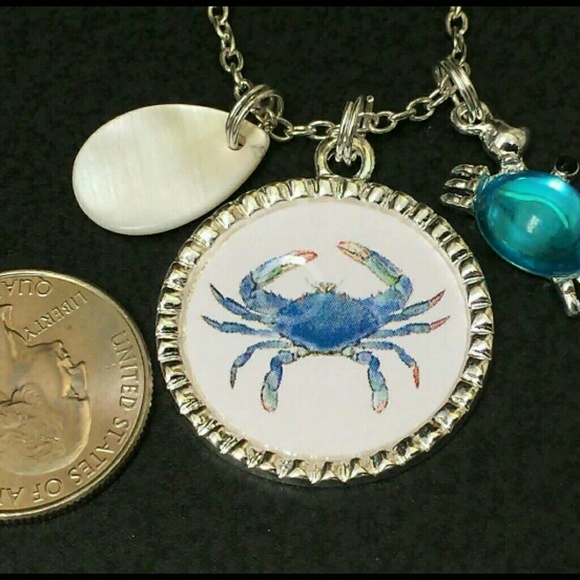 BLUE BEACH CRABS TIBETAN SILVER NECKLACE 18" - Picture 3 of 3