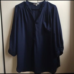 DownEast Basics Dark Blue Button Up Flowy Blouse