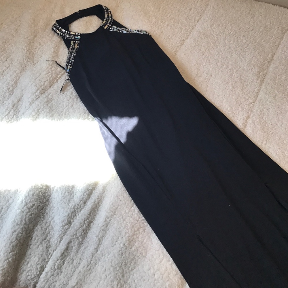 Long black prom dress with two slits