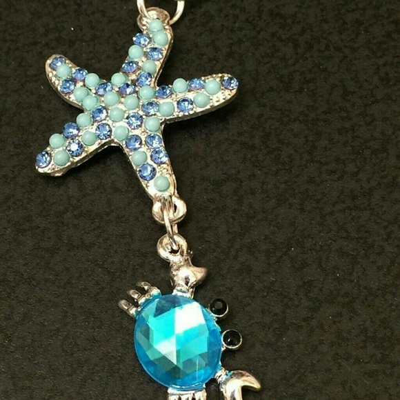 🌟 HANDCRAFTED CRYSTALS STARFISH &  BLUE CRAB TIBETAN SILVER NECKLACE 18" CHAIN - Picture 2 of 3