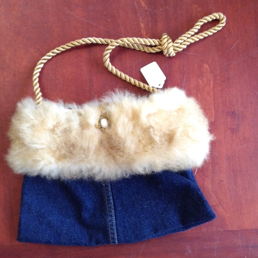 Denim and fur with bead clasp shoulder bag