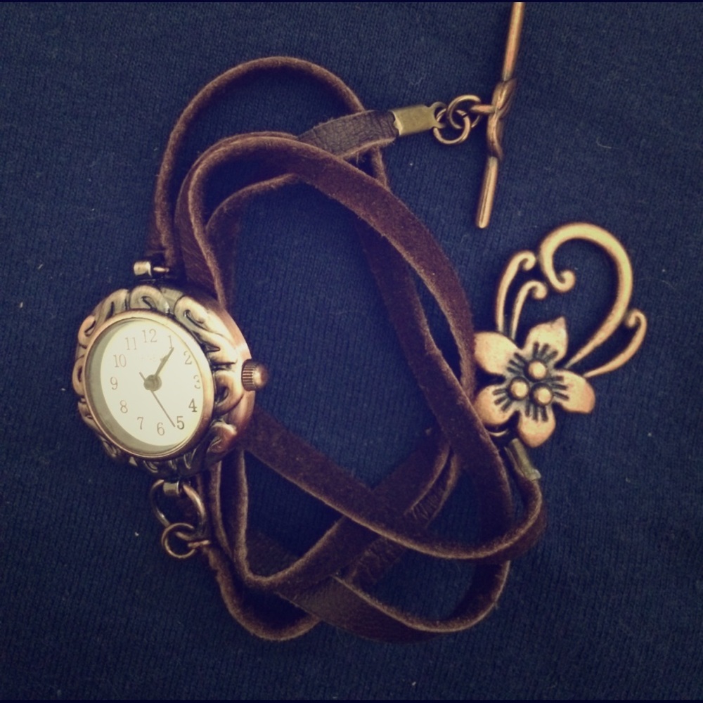 Leather Wrap Watch with Flower Closure