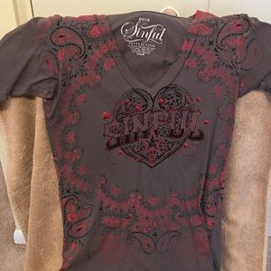 Gray and Red Affliction T-Shirt V neck