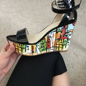 Colorful patent leather sandal wedges
