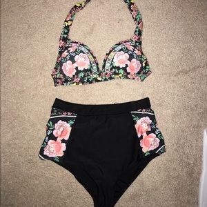 Halter floral high-waisted bikini swimsuit