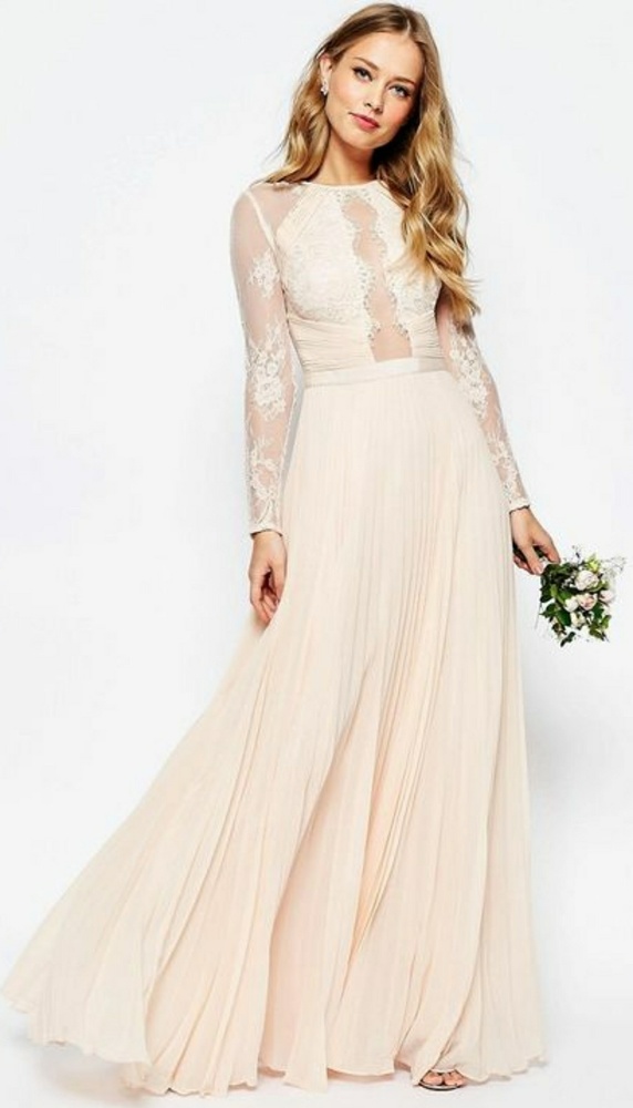 ASOS long sleeve lace pleated maxi dress