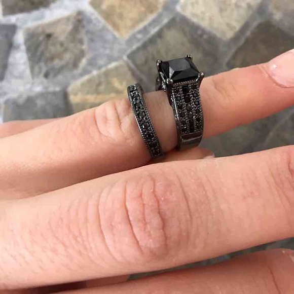 Black Onyx Princess Engagement Wedding Ring Set - Picture 6 of 6