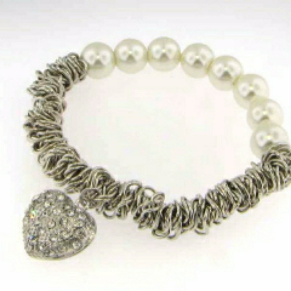 NEW! GLASS PEARL & RHODIUM WIRE STRETCHY BRACELET