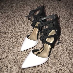 Bebe Black and White Lace-Up heels