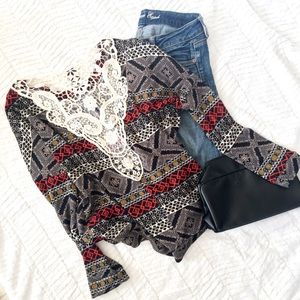Back knit Crochet Lace Geometric Long sleeve top