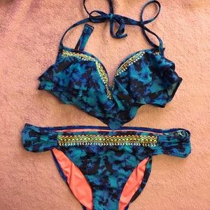 Blue tie dye PINK bathing suit
